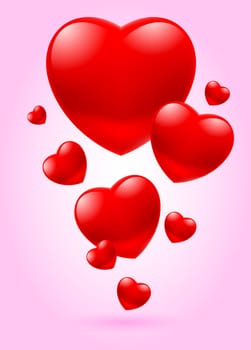 Flying red glass hearts on pink background