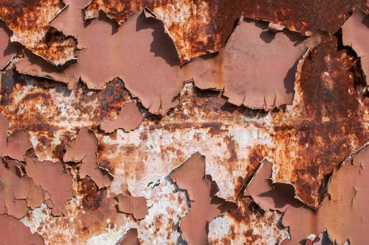 Metal weathered surface with old cracked paint layer as background