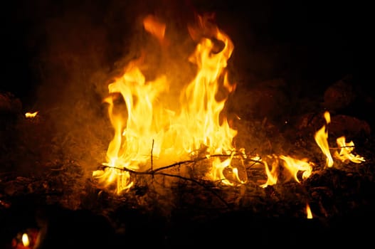 Flames and smoke fill this image of a ceremonial fire during a mayan ritual with candles around the edge.