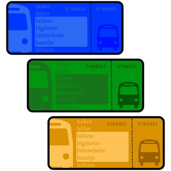 Cartoon illustration showing bus ticket templates in different colors