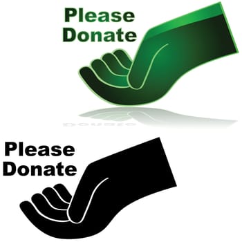 Icon showing an open hand with the words "Please donate"" beside it"
