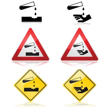Warning signs showing drops from a corrosive substance on a flat surface and a hand