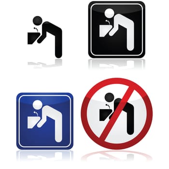 Signs for a water fountain, including one showing it's not safe to drink the water
