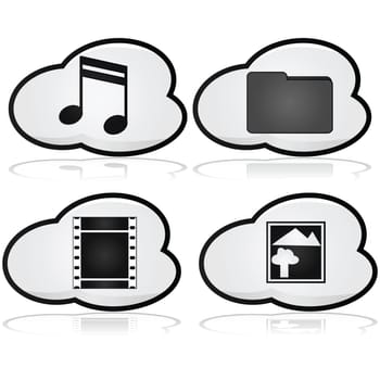 Icons showing a cloud with elements such as music, film, files and pictures inside