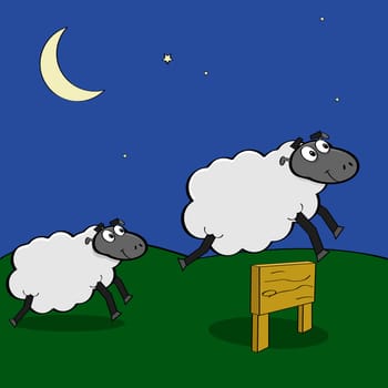 Cartoon illustration showing sheep jumping over a wooden fence at night