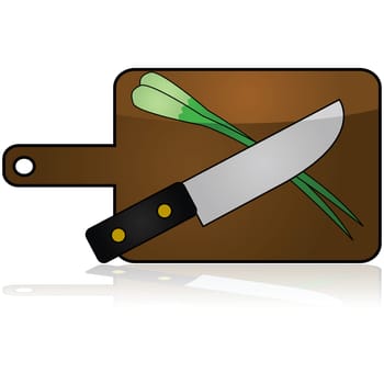Glossy icon showing a knife and green onions over a wooden cutting board