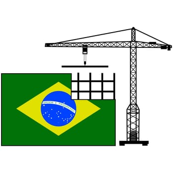 Concept illustration showing the flag of Brazil and a crane helping to build it