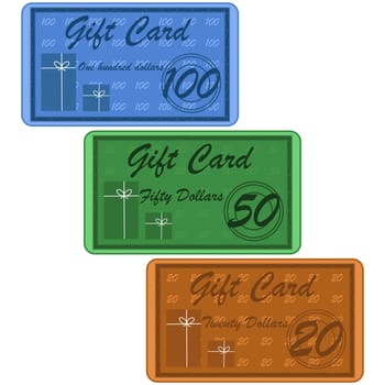 Illustration of retro style gift cards for twenty, fifty or one hundred dollars