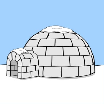 Cartoon illustration showing an igloo in the middle of nowhere with some snow on top of it