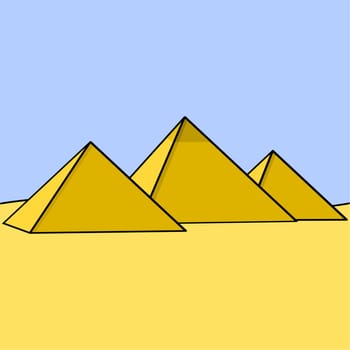 Cartoon illustration showing three Egyptian pyramids in the middle of the desert