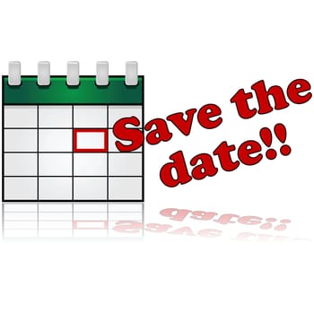 Icon showing a calendar with a date marked in red and the words "Save the Date"" beside it"
