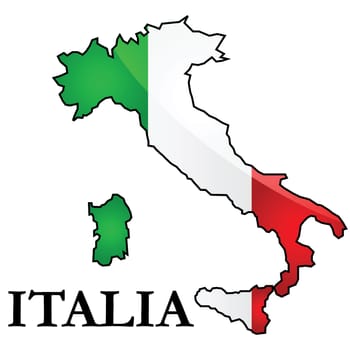 Glossy illustration showing the flag of Italy placed on top of the country's map.