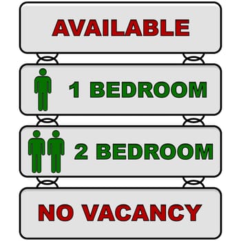 Glossy illustration showing the information panel for a rental building, displaying types of units available