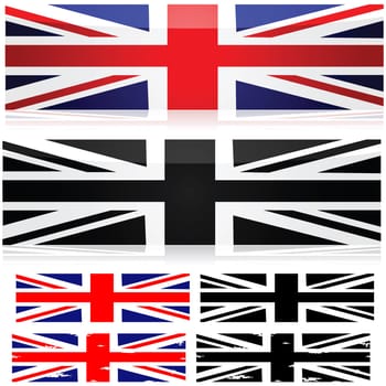 Union Jack flag represented in different styles in color and black and white