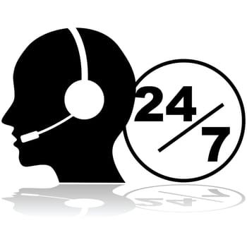 Icon showing a person with a headset providing phone support 24 hours a day, seven days a week