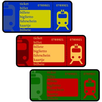 Cartoon illustration showing train ticket templates in different colors