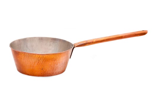 Casserole - Copper saucepan with long stem insulated against a white background