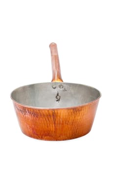 Casserole - Copper saucepan with long stem insulated against a white background
