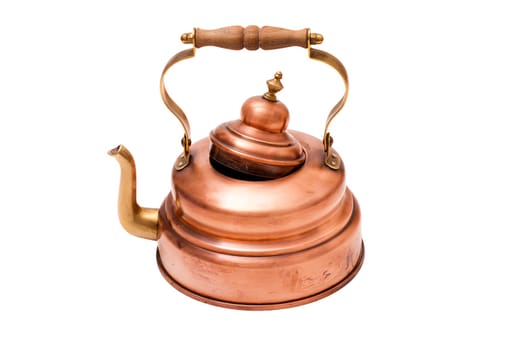 Nostalgic tea kettle made of copper insulated against a white background