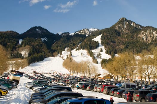 Ski resort,entrance,parking lot,cars,parking,Brauneck,Upper Bavaria,Lenggrie