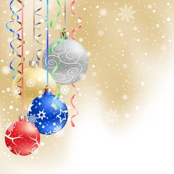 The multicolored christmas bauble and ribbons on the light mesh background
