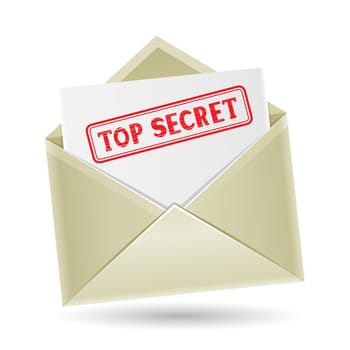 The secret correspondence, opened envelope with paper and stamp on the white background