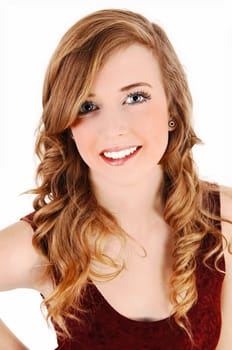 A closeup portrait picture of a young pretty teenager with long curly hair.and blue eyes, for white background..