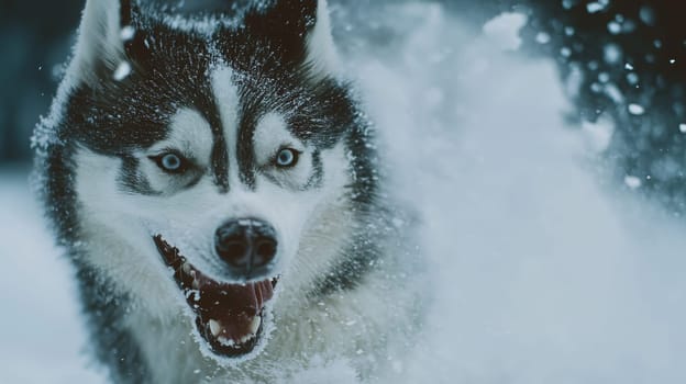 Siberian Husky jumping and running in the snow in a winter field, Generative AI, animals