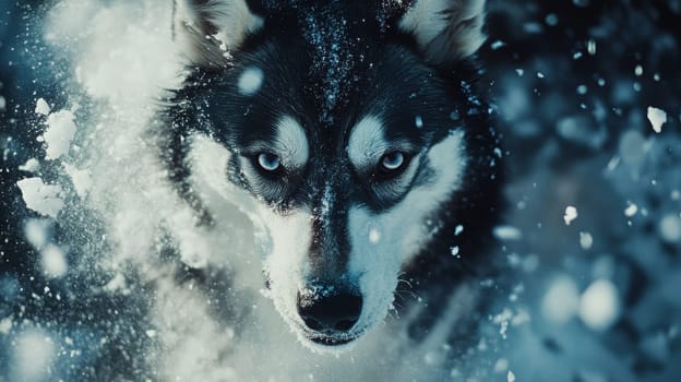 Siberian Husky jumping and running in the snow in a winter field, Generative AI, animals