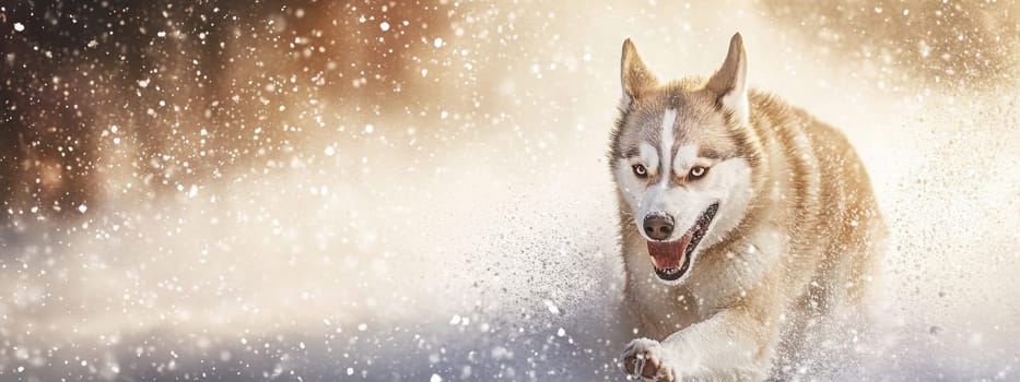 Siberian Husky jumping and running in the snow in a winter field, Generative AI, animals