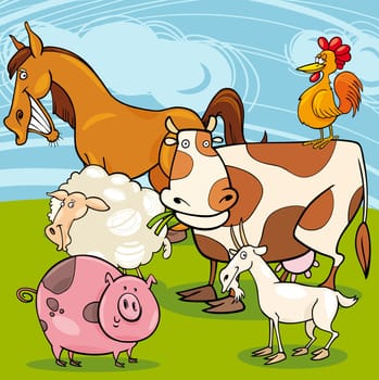 Cartoon Illustration of Cute Farm Animals Characters Group