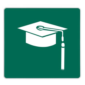 road sign -  graduation cap, white on green