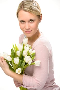 Romantic woman hold bouquet of white tulip flowers isolated