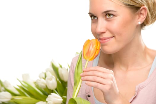 Romantic woman smell one orange tulip flower isolated on white