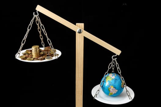 Globe Planet Earth and Money on a Two Pan Balance