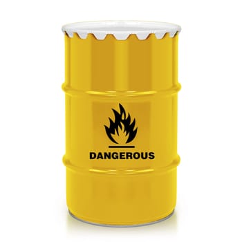 Golden plastic barrel with flammable sign isolated on a white background.  (with clipping work path)