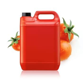 Fresh red tomato with a ketchup gallon isolated on white (with clipping work path)