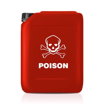 Red plastic gallon, jerry can with poison sign  isolated on a white background.  (with clipping work path)
