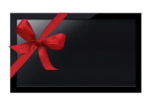 Black LCD tv screen hanging on a wall with red ribbon.  (with clipping work path)