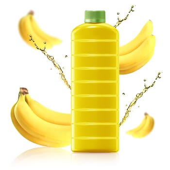 Bananas juice in a plastic container jug on a white background.