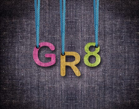 Great Letters hanging strings with blue sackcloth background.