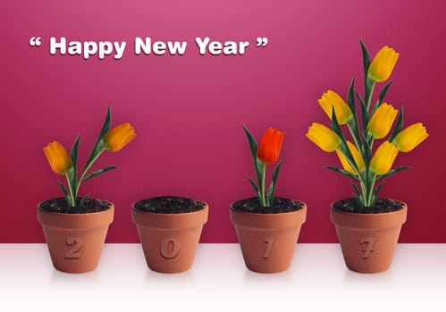 Happy new year 2014, Group of yellow tulips in clay container.
