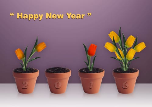 Happy new year 2014, Group of yellow tulips in clay container.