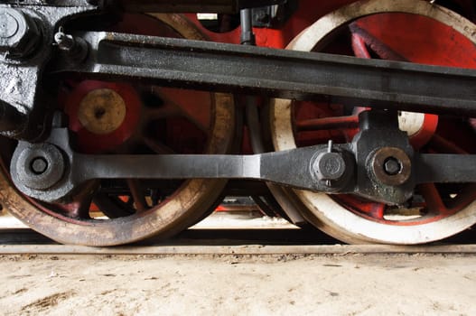 Train red weels shot from ground. Industry. Transport concept
