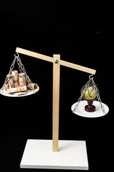 Globe Planet Earth and Money on a Two Pan Balance