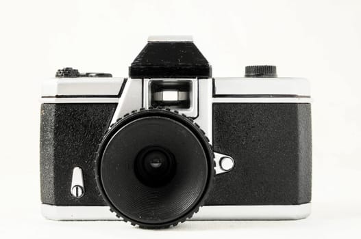 Classic 35mm Plastic Toy Photo Camera on a White Background