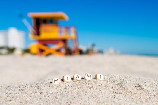 Maimi Southbeach, lifeguard house with letters on the sand, Florida, USA
