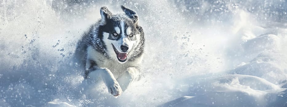 Siberian Husky jumping and running in the snow in a winter field, Generative AI, animals