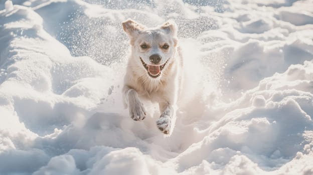 Siberian Husky jumping and running in the snow in a winter field, Generative AI, animals