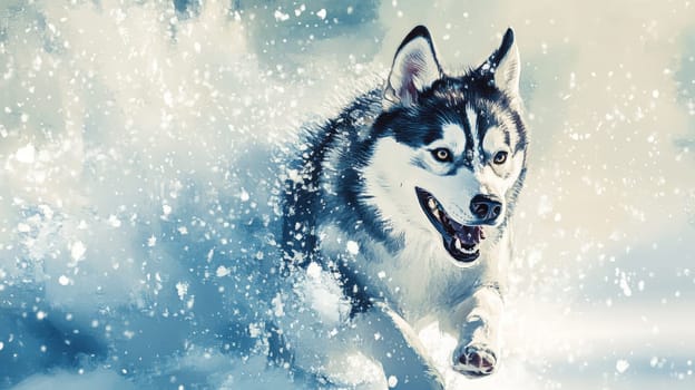 Siberian Husky jumping and running in the snow in a winter field, Generative AI, animals